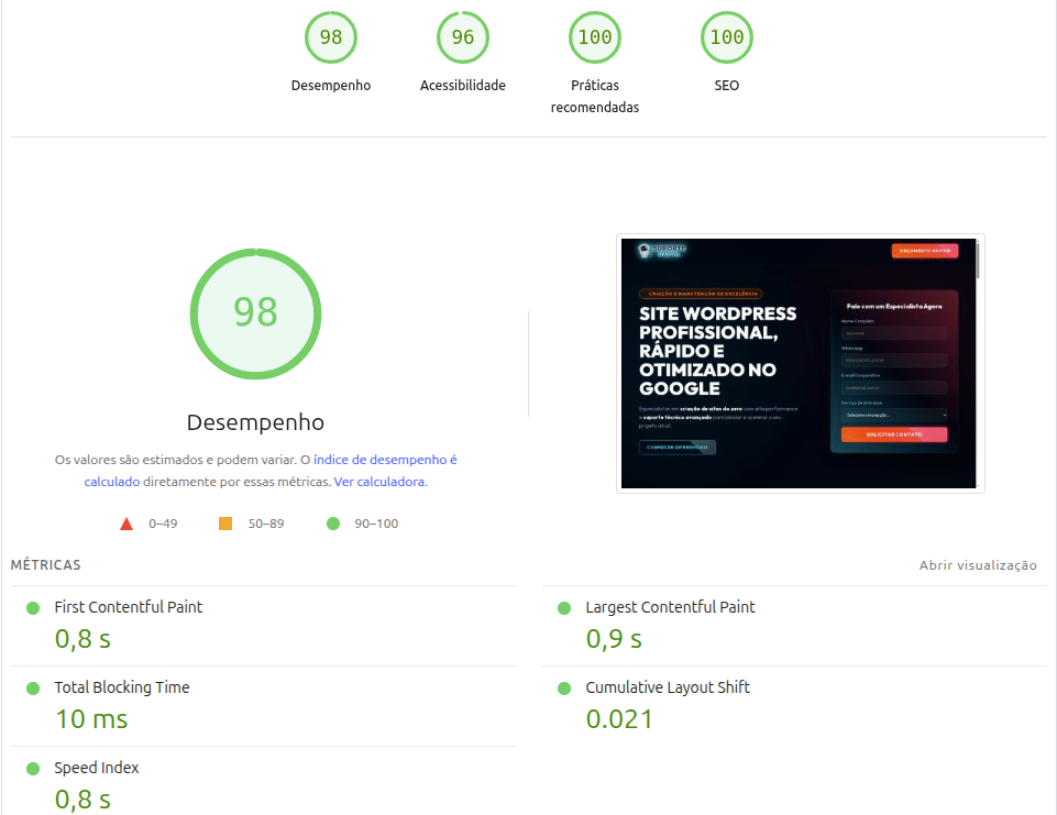 Screenshot da Landing Page de suporte a WordPress desenvolvida pela Suporte Digital — exemplo real de entrega com design premium, formulário integrado e SEO otimizado